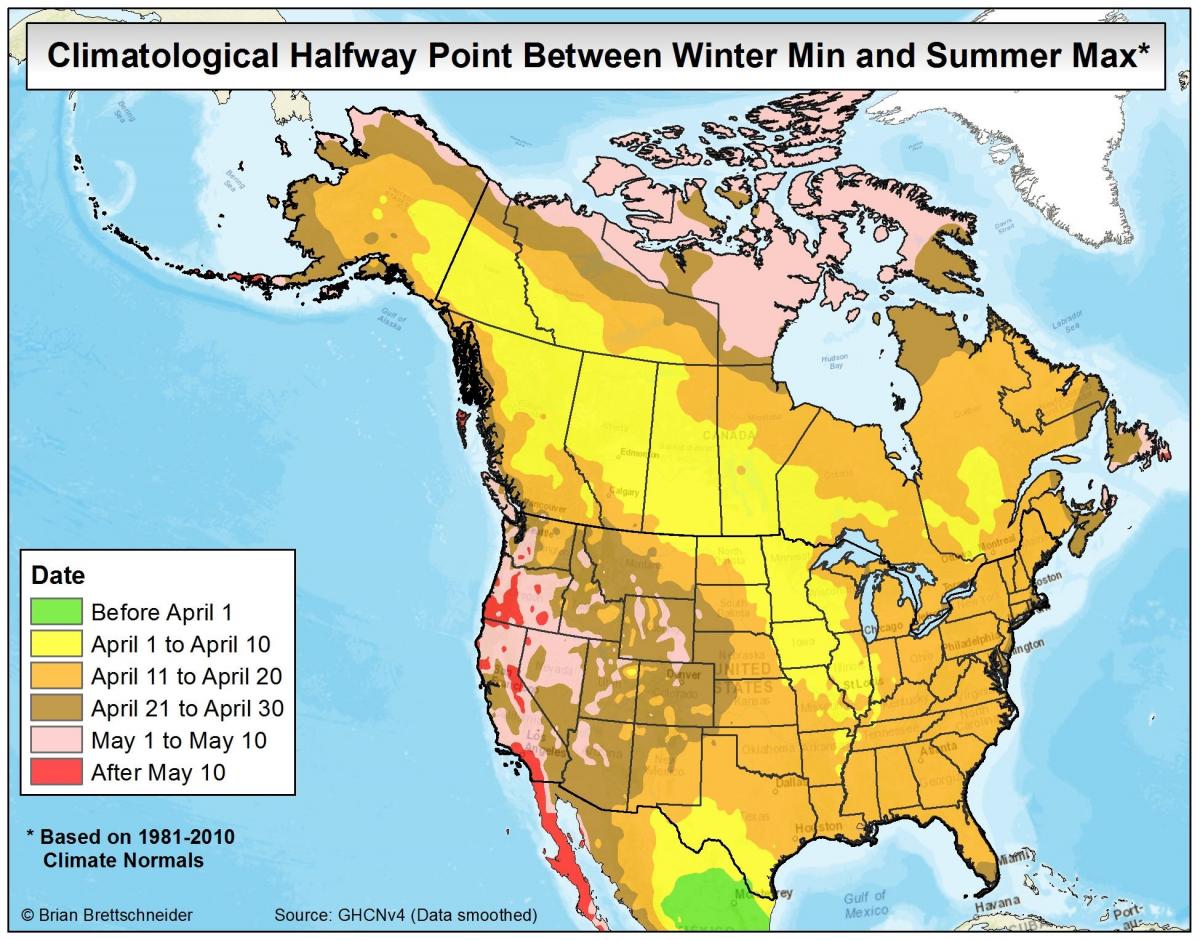 Climatological Halfway Point Between Winter Min & Summer Max West of
